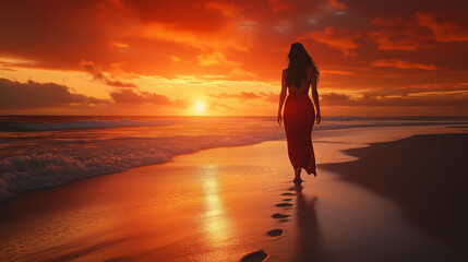 Poster - Frau spaziert bei Sonnenuntergang am Strand entlang