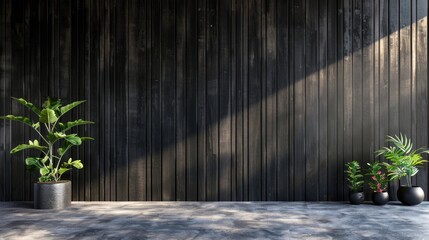 Wall Mural - Wood Floor Illustration. Black Apartment Interior with Wood Wall Panel and Plants