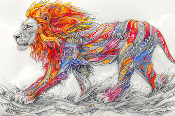 Sticker - Majestic lion walking with colorful artistic mane flowing