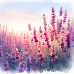 Wall Mural - Lavender flower field painted in watercolor.