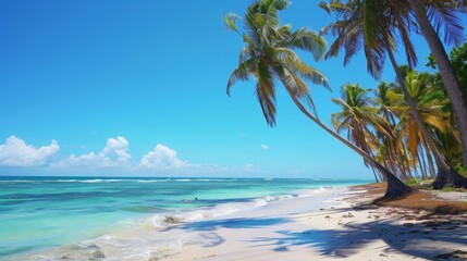 Poster - A vibrant tropical beach background with palm trees swaying in the breeze under a clear blue sky