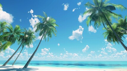 Poster - A vibrant tropical beach background with palm trees swaying in the breeze under a clear blue sky