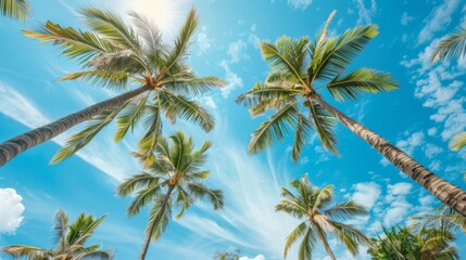 Poster - A vibrant tropical beach background with palm trees swaying in the breeze under a clear blue sky