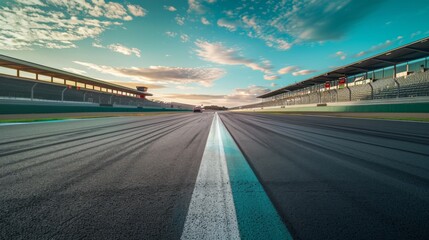 An empty racetrack viewed from the perspective of a driver's seat, showcasing the anticipation and thrill of the open road