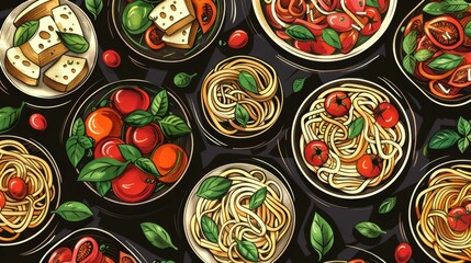 Artistic seamless pattern of Italian pasta dishes.