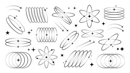 Wall Mural - trendy aesthetic shapes in y2k style. outline line elements with stars and sparkles. abstract geomet