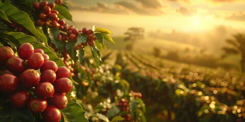 Morning sunrise at a coffee plantation showing the coffee harvest on the trees.