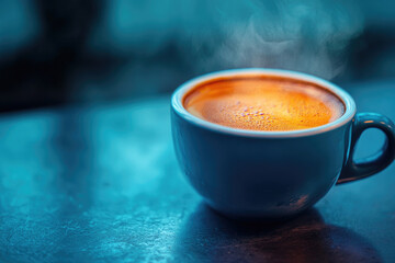 A white cup with homemade hot coffee stands on a wooden brown table.