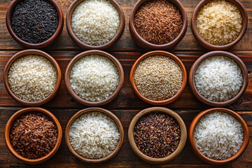 Wall Mural - Various types of rice are displayed from above close-up in clay bowls on a wooden background.