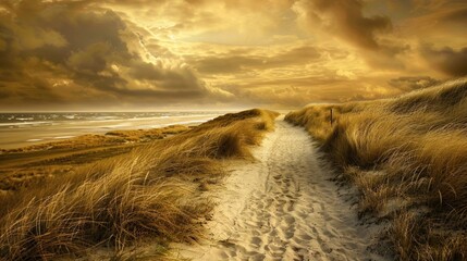 Wall Mural - Beach Path. Golden Sunlight on the Road to North Sea Coast