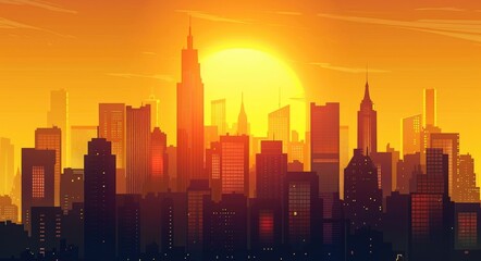 Wall Mural - Cartoon Sunrise. Silhouette of City Skyscrapers at Sunset in Urban Future