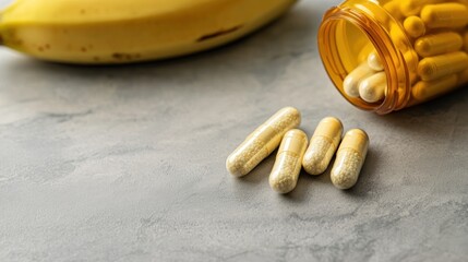 Close-up of potassium supplements next to a fresh banana, natural energy, vibrant background