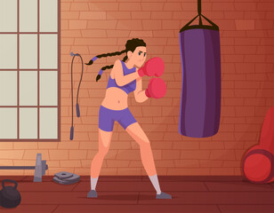 Sticker - girl boxer. woman fights boxing training vector cartoon background with aggressive female fighter