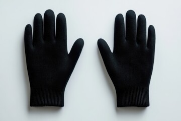 Wall Mural - A pair of black knitted gloves, neatly laid out side by side, with palms facing up, displayed on a clean white background