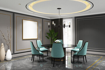 Wall Mural - 3d render of illustration classic interior design dining room with profile panel and frame mock up. Dark gray marble, gray wall and white ceiling. Set 105