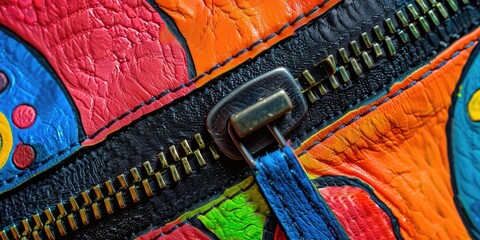 Wall Mural - Close up of colorful zipper on leather.