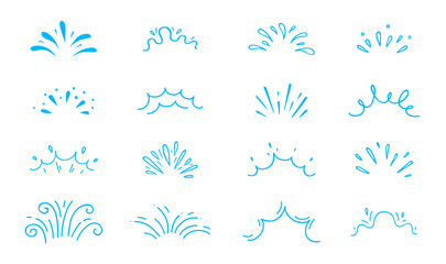 Poster - Cartoon water splash effects of vector ocean waves and sea surf flows with drops and swirls. Isolated blue liquid or water splashes set, river stream, fountain spray, raindrops and waterfall splatters