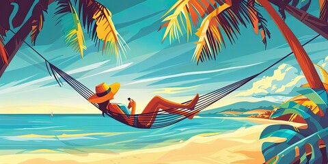 Wall Mural - Woman relaxing in hammock by the beach.