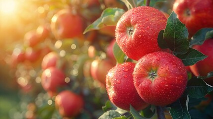 A close-up shot of a branch of red apples with dew drops on them, bathed in warm sunlight.