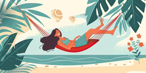 Wall Mural - Smiling woman relaxing in hammock by ocean.