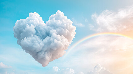 Wall Mural - a heart-shaped cloud is floating in the sky above a rainbow. concept of hope and love, as the heart 