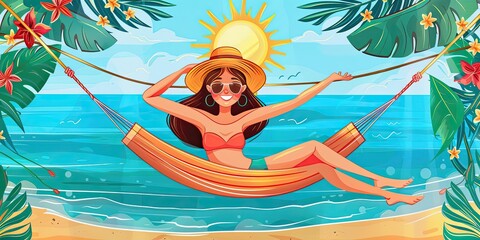 Wall Mural - Woman in hammock on tropical beach.