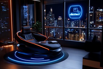 Poster - A futuristic home interior with smart glass walls, minimalistic furniture, and an AI assistant projected as a hologram, seamlessly blending into daily life