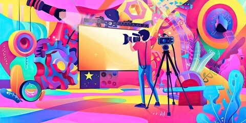 A man filming a scene with vibrant abstract background.