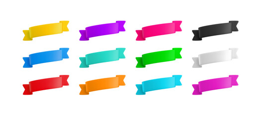 Vector Realistic 3d Wavy diagonal ribbons set. Cartoon 3d colorful sloping ribbons collection isolated on white. Vintage design element, decorative sticker. Cute folded ribbon for advert, game, app.