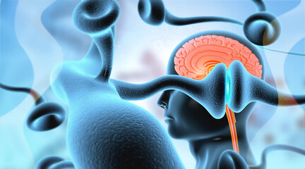 Sticker - Human brain anatomy with neuron cells. 3d illustration.