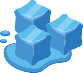 Poster - Isometric illustration of three melting ice cubes on a water puddle