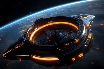 Poster - A Sci-Fi research station in orbit around a black hole, where advanced technology is used to study its effects on space-time, with scientists monitoring complex data