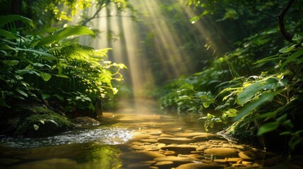 A serene nature background with a dense forest, a clear stream flowing through, and sunlight filtering through the leaves, creating a peaceful and refreshing atmosphere