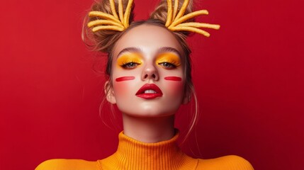 Wall Mural - A woman with red and yellow face paint and a yellow and red headband