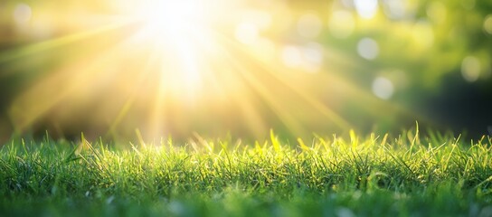 The setting sun is seen through grassy meadows and trees.