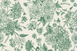 © Lisla - Seamless autumn floral pattern with dahlias, chrysanthemums, asters, zinnias, dogwood berries. Vintage engraving style. Green