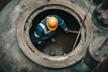 A committed worker in safety gear descends into an industrial tank, highlighting the importance of safety and maintenance for safe operations