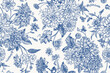 © Lisla - Seamless autumn floral pattern with dahlias, chrysanthemums, asters, zinnias, dogwood berries. Blue