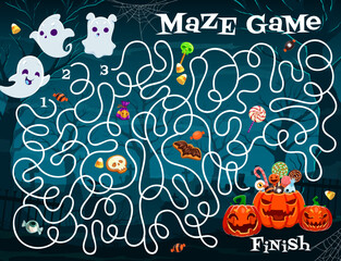 Aufkleber - Halloween labyrinth maze quiz game, help to cute kawaii ghost characters find exit. Vector worksheet of Halloween holiday cemetery labyrinth puzzle map with ghosts, trick or treat pumpkins and candies