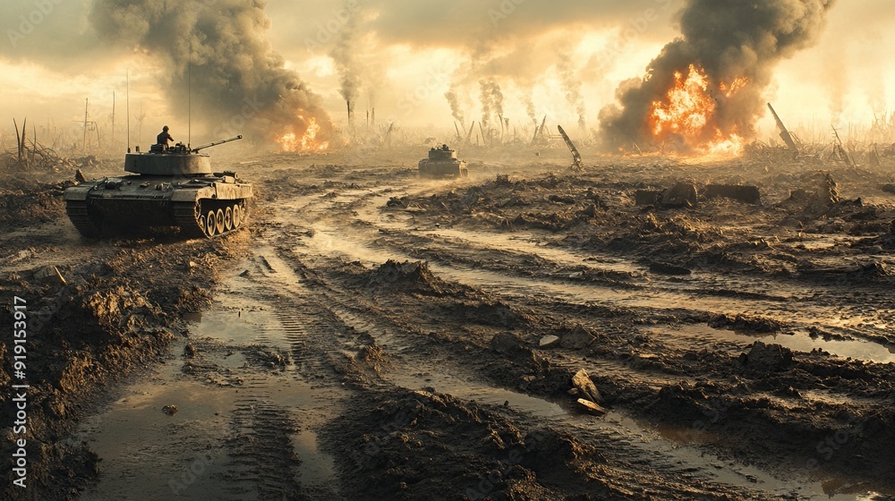 Tank Battalion Charges Through Muddy Battlefield in World War II Stock ...