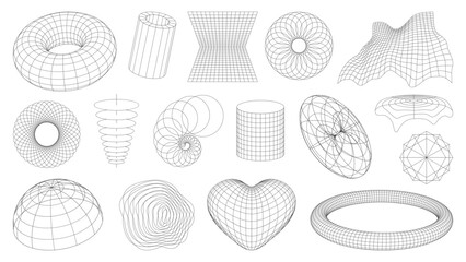 3d wireframe shapes, brutal perspective grid, retro tech mesh abstract geometric figures. Vector wireframe sphere, globe, torus and heart, wave and spiral grid, cylinder, tunnel and polygon shape mesh