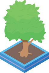 Poster - Green tree with lush crown growing in square pot with soil on blue platform isometric icon