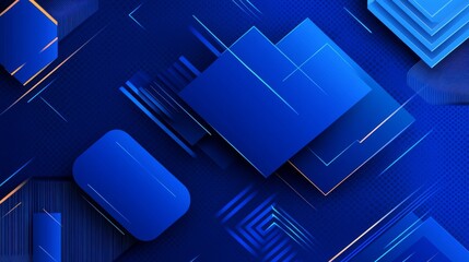 Poster - Abstract tech banner with a blue background and layers of transparent material in square shapes in random geometric patterns.