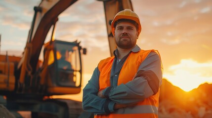 Poster - Handsome happy professional excavator driver standing in front of big excavator looking at camera at sunrise. copy space for text.