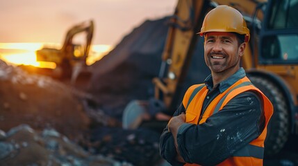 Handsome happy professional excavator driver standing in front of big excavator looking at camera at sunrise. copy space for text.