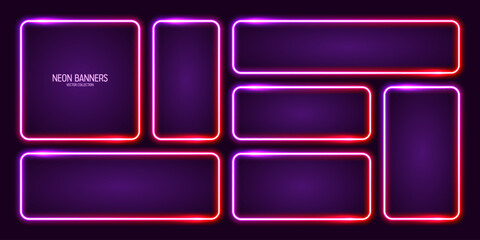 Wall Mural - glowing neon banners, illuminated colorful square frames. shiny vibrant border, glow effect. purple 
