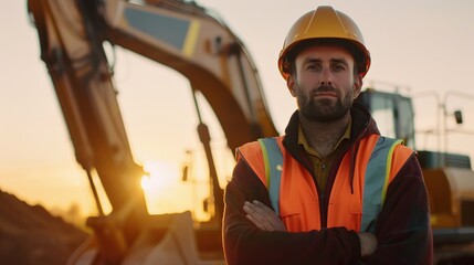 Poster - Handsome happy professional excavator driver standing in front of big excavator looking at camera at sunrise. copy space for text.