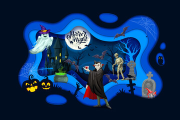 Wall Mural - Halloween paper cut banner with dracula vampire character, scary pumpkin and ghost on cemetery landscape. October party, fall season holiday papercut vector background, banner with Halloween monsters