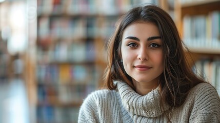Poster - Portrait of beautiful student in library looking at camera. copy space for text.