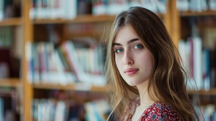Poster - Portrait of beautiful student in library looking at camera. copy space for text.